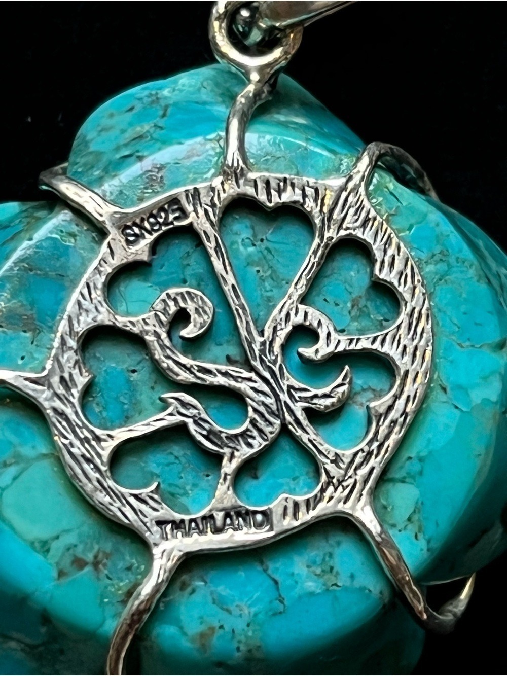 Sally C Treasures vintage carved turquoise rose pendant crafted in 925 sterling - Picture 2 of 6